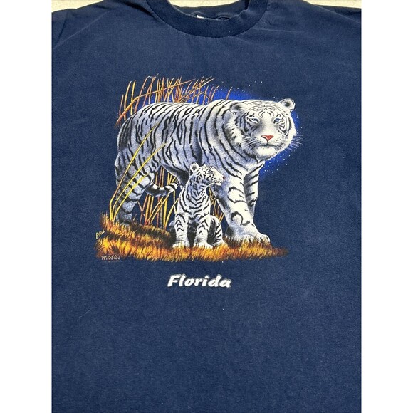 Vintage Y2K Navy Blue White Tiger Graphic T-shirt Men's Size Large - Picture 2 of 6